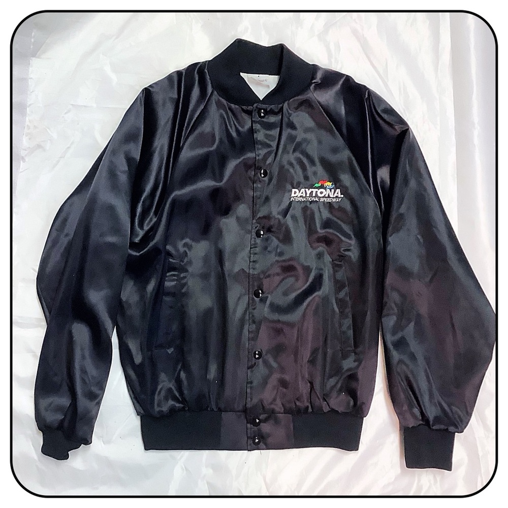 Vintage 90s Daytona International Speedway  Black Satin Bomber Jacket Medium